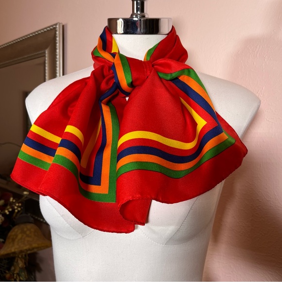 Vintage 70 80 Red MOD Rainbow Preppy Stripe Rectangle Bow Neck Scarf - Picture 10 of 17